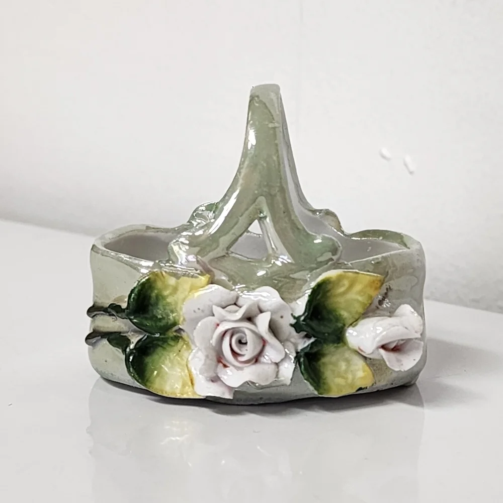 Vtg German Elfinware Porcelain Lusterware Green Miniature Rose Floral Basket